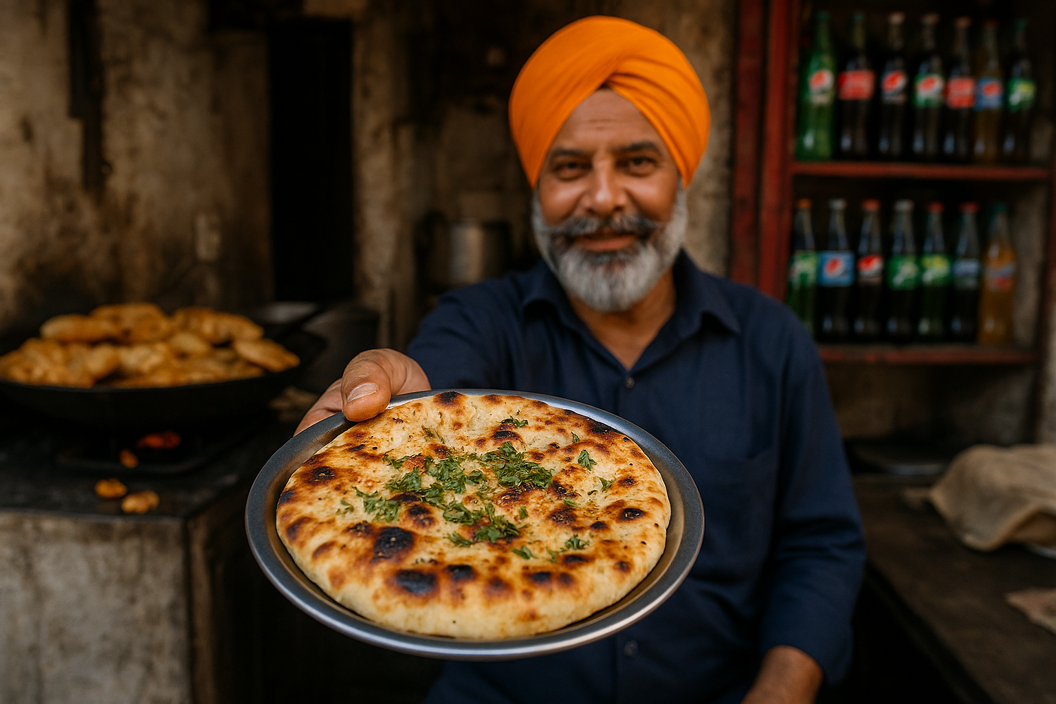 A plate of hot, buttery Amritsari Kulcha with chole